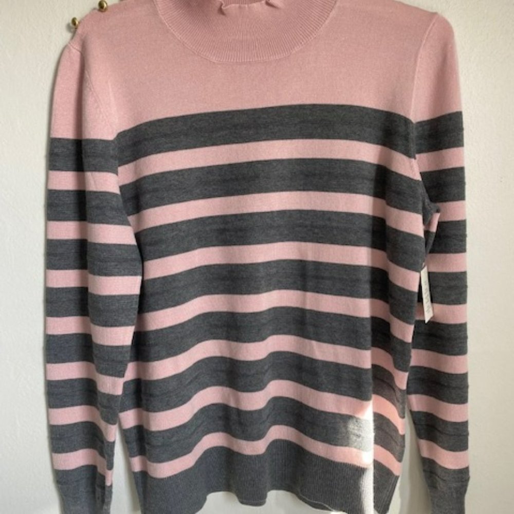 pink and grey stripped sweater from retrology with gold buttons on the shoulders